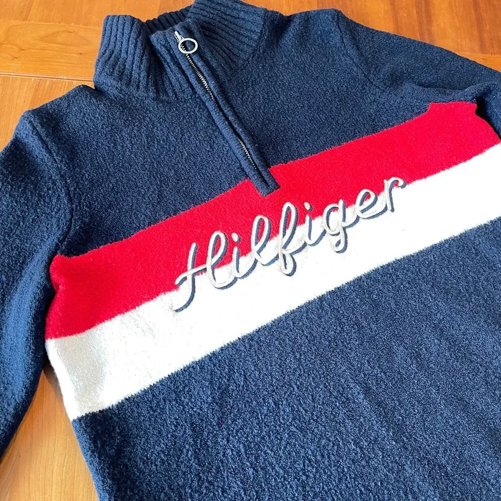 Tommy Hilfiger Quarter Zip Sweater Men’s Medium Navy Red White Logo Pullover